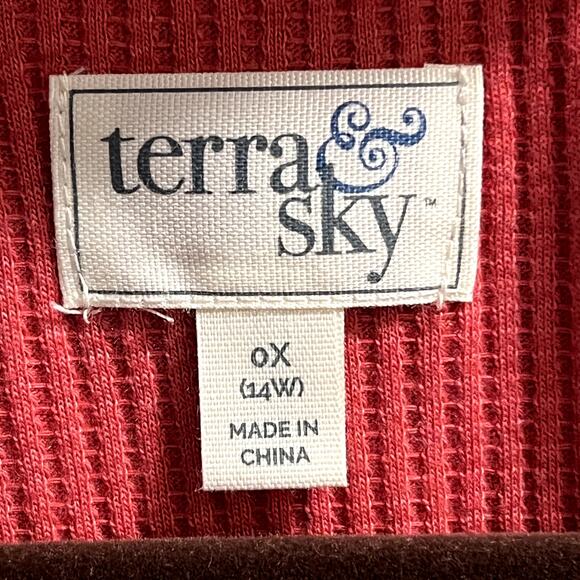 Terra & Sky Tie Dye Waffle Knit Top Long Sleeve Size 14W (0X) Red Gold Burgundy - Picture 9 of 11